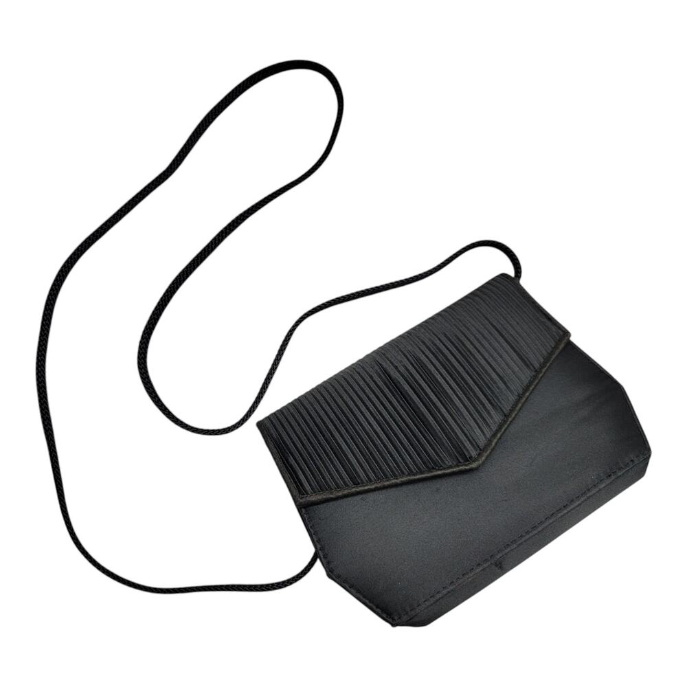 La Regale Vintage Black Satin Pleated Envelope Clutch Evening Shoulder Bag